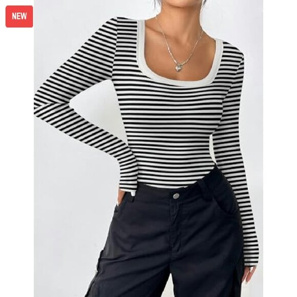 Long Sleeve Rib Knit Scoop Neck Tee Slim Fit Basic Top - Picture 4 of 8